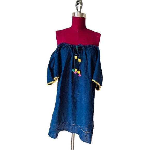 Women's J Crew Navy Boho Shift Dress Cover Up Tassel Tie Size M - Picture 2 of 10